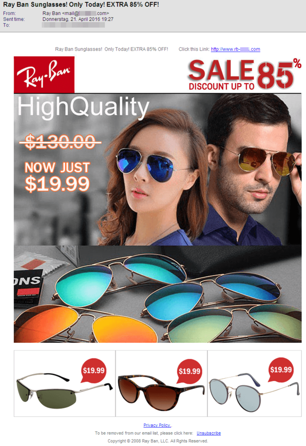 Sunglasses Spam: 85% Discount? That has to be 100%