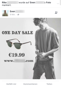 Screenshot of sunglasses spam on Facebook