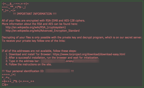Screenshot of .AESIR's instructions after a PC has been infected