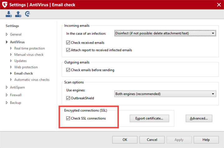 IMAP scanning can be disabled via the Settings dialog by removing the check mark "Check SSL connections".