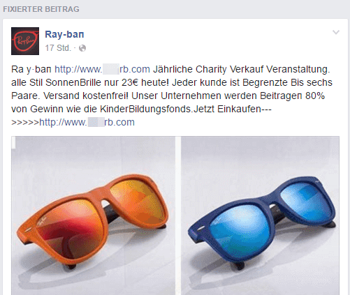 Screenshot of ads in Facebook events, promoting sunglasses shops