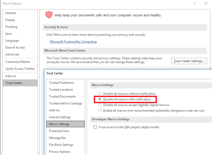 Disable macros in Word's Trust Center (Click to enlarge)