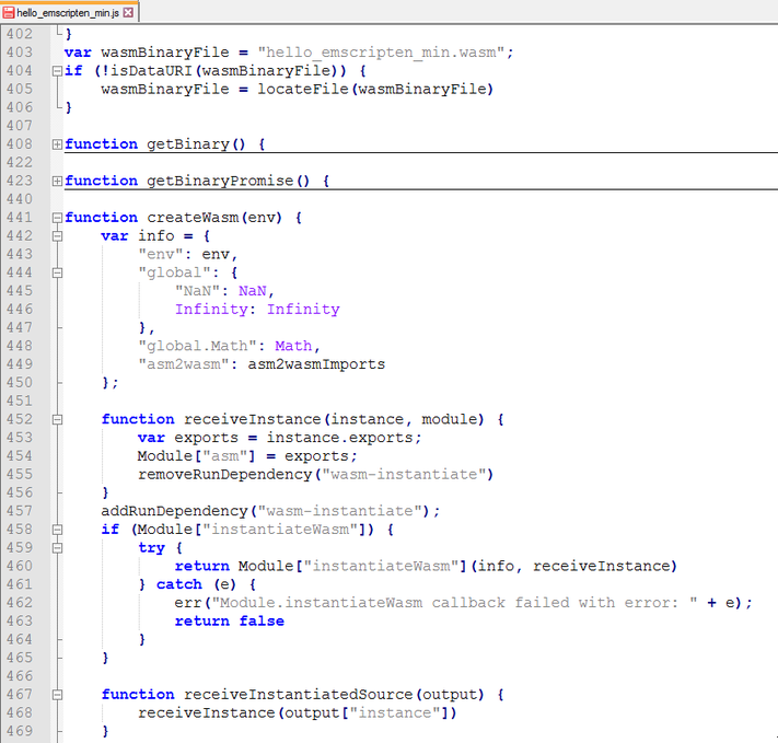 The Wasm file will be instantiated by the JS file, which has been automatically generated by Emscripten. 