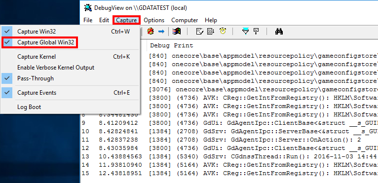 DebugView Capture Menu