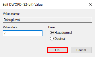 Windows Registry Debug Level Value