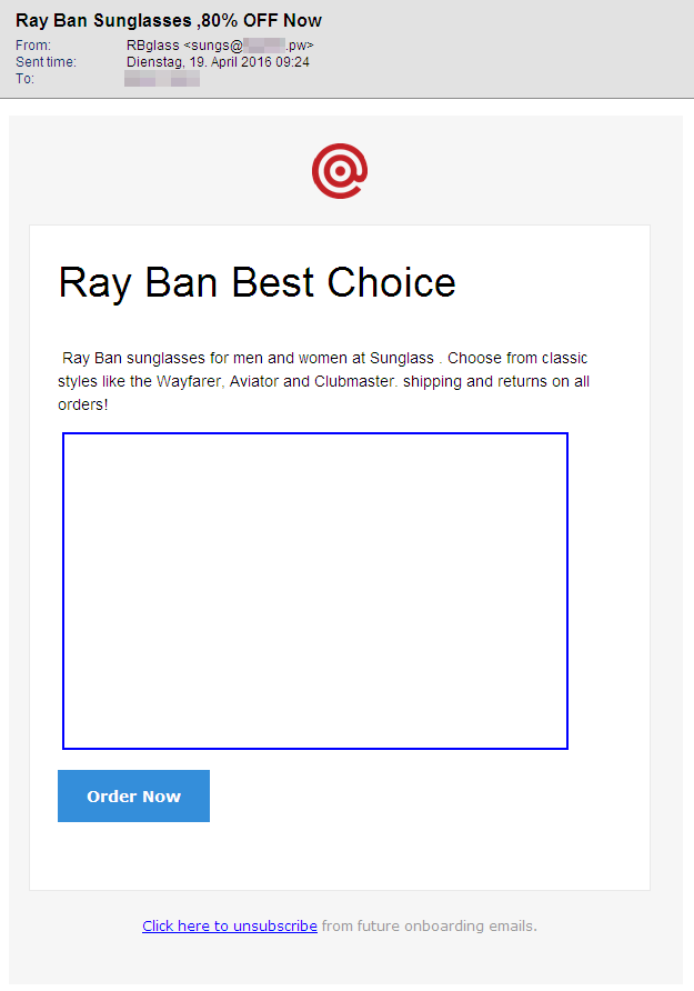 Screenshot of an email with sunglasses spam