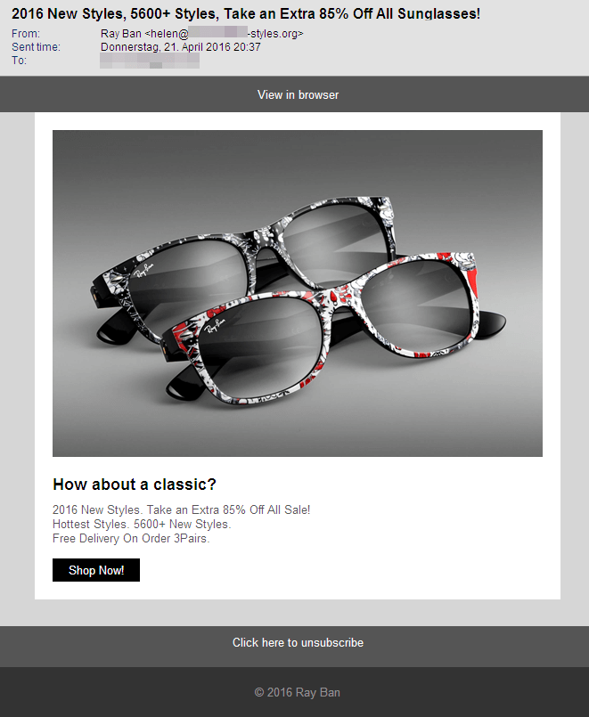 Screenshot of an email with sunglasses spam