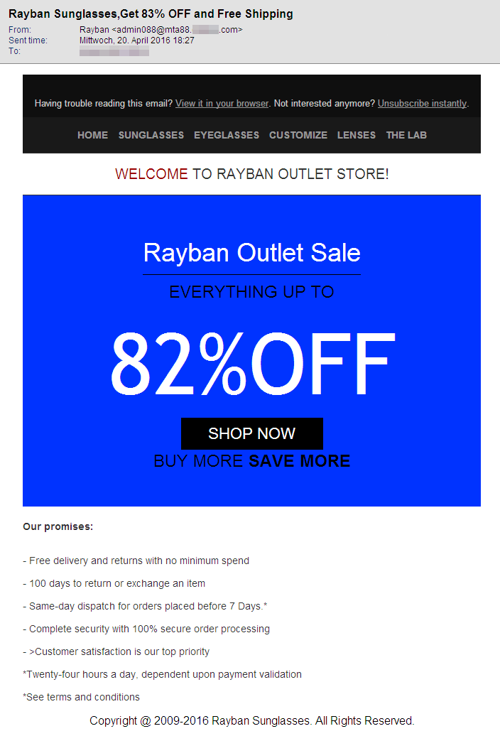 Screenshot of an email with sunglasses spam