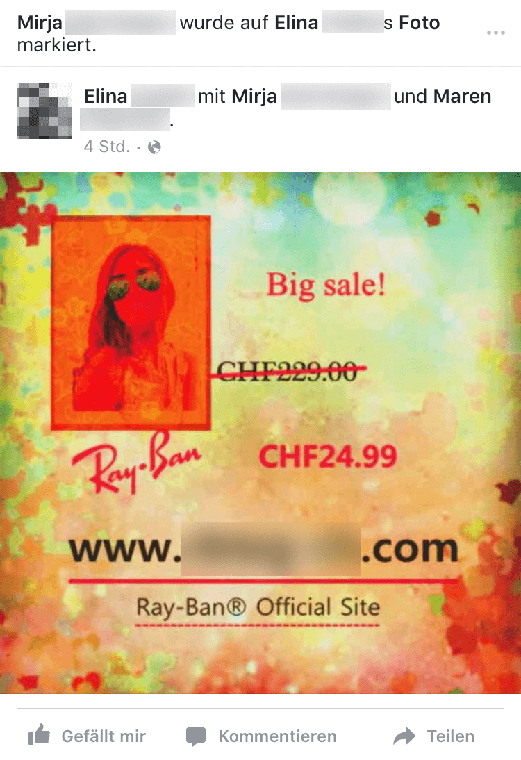 Screenshot of another sunglasses spam message on Facebook