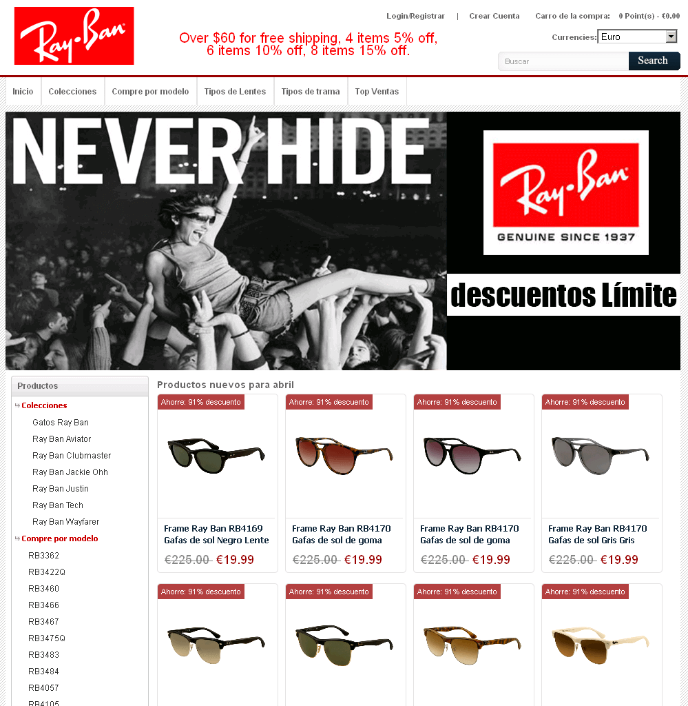 Screenshot of a Ray-Ban shop copy