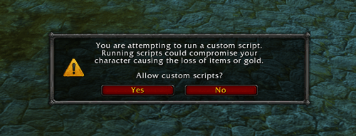 Screenshot: In-game window with warning message regarding the execution of scripts