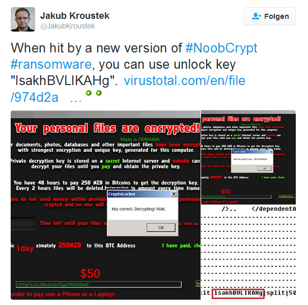 Jakub Kroustek found the hardcoded keys for NoobCrypt.