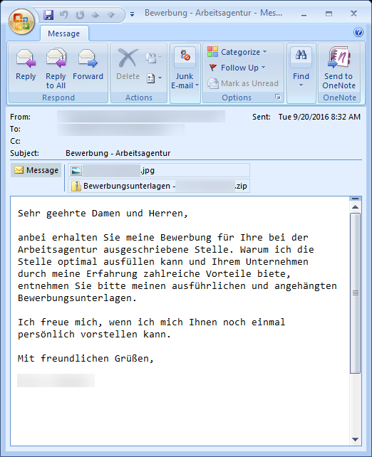 Screen shot: Email with infected attachment
