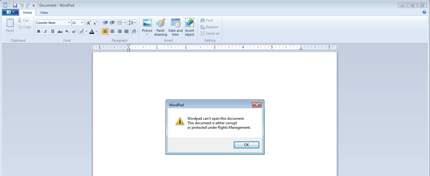 Screenshot of the corrupt Word document used in Spora infection