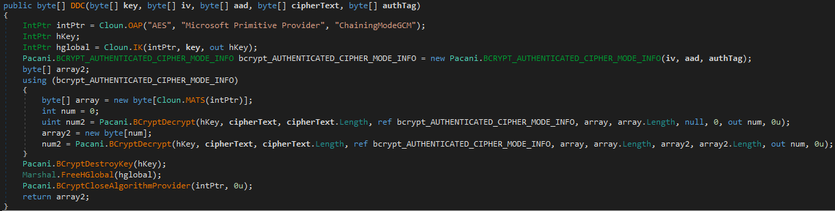 This method named DDC performs AES decryption in GCM mode using Windows' BCrypt API. It sets up cryptographic providers and decrypts the given ciphertext using the provided key, IV (initialization vector), AAD (additional authenticated data), and authentication tag, returning the resulting plaintext as a byte array.