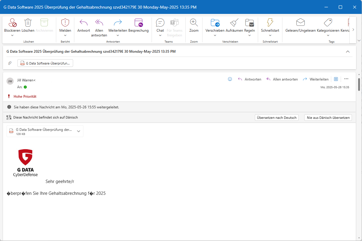 A fake email in Outlook design with the subject line ‘G Data Software 2025 Payroll Verification’ contains a PDF file as an attachment. The message text reads: ‘Dear Sir/Madam, please verify your payroll for 2025’, with umlauts and special characters displayed incorrectly.