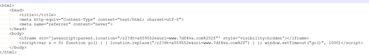 Minimal HTML document containing a hidden iframe and a script that redirects the parent page to a URL on www.7df4va(.)com after a 1-second delay. The <meta> tags include a UTF-8 charset and set the referrer policy to "never".