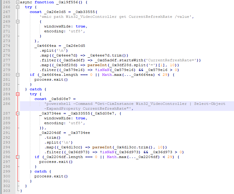 JavaScript code for a function that attempts to read the monitor’s current refresh rate using a WMIC command, parses the numeric values, and exits the process if none are valid or if the maximum refresh rate is below 29 Hz. If the WMIC call fails, a fallback block runs a PowerShell command (Get-CimInstance Win32_VideoController | Select-Object -ExpandProperty CurrentRefreshRate) and performs the same checks on the returned values, again exiting if the refresh rate is missing or too low.