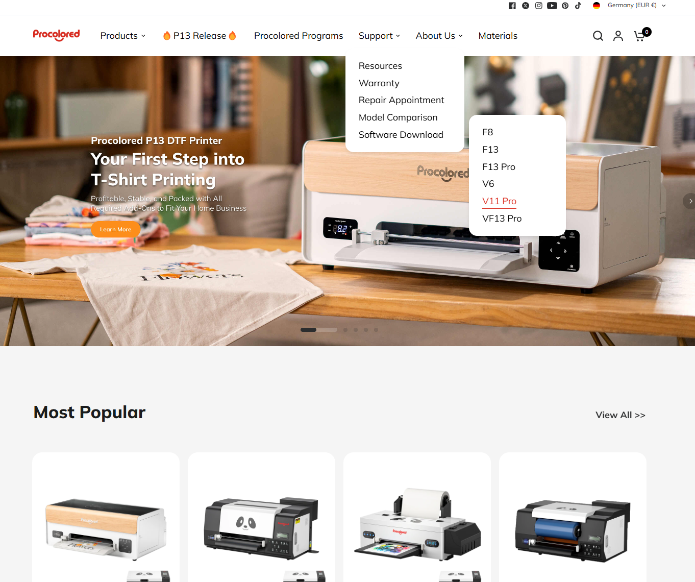 The image shows the homepage of the Procolored website, featuring the Procolored P13 DTF Printer with the slogan “Your First Step into T-Shirt Printing.” A dropdown menu under “Support” is open, highlighting the “Software Download” section with various printer models listed, including “V11 Pro” in red.
